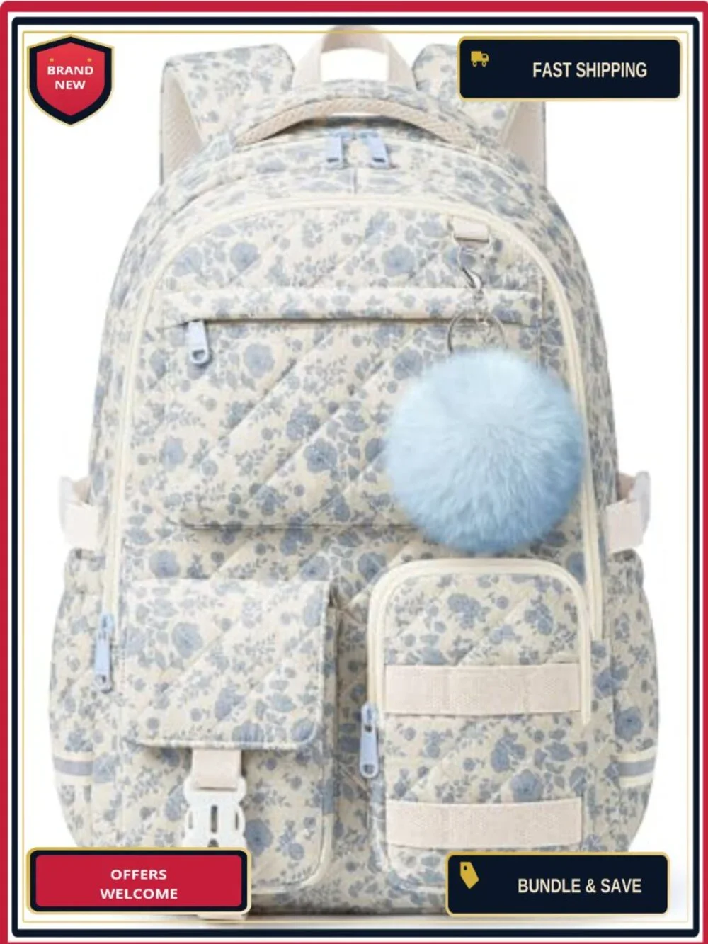 Quilted Cotton Backpack for Teen Girls, Floral School Bookbag, Fits 15.6